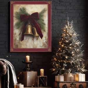 Bella Frye Vintage Christmas Bells Art – Red Velvet Bow, Black Ornate Frame
