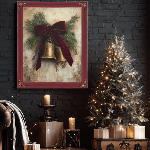 Bella Frye Vintage Christmas Bells Art – Red Velvet Bow, Black Ornate Frame