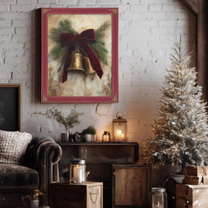 Bella Frye Vintage Christmas Bells Art – Red Velvet Bow, Black Ornate Frame