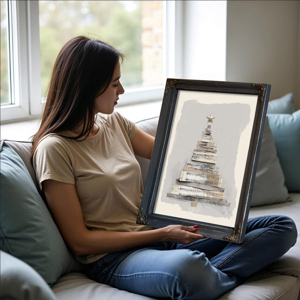 Bella Frye Neutral Sheet Music Christmas Tree – Minimalist Holiday Wall Art – Stretched Canvas or Ornate Frame, Rustic Modern Christmas Décor