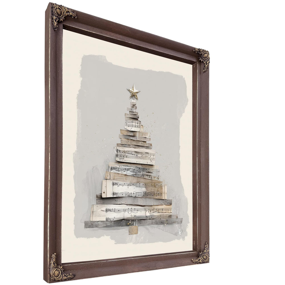 Bella Frye Neutral Sheet Music Christmas Tree – Minimalist Holiday Wall Art – Stretched Canvas or Ornate Frame, Rustic Modern Christmas Décor