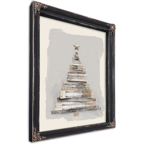 Bella Frye Neutral Sheet Music Christmas Tree – Minimalist Holiday Wall Art – Stretched Canvas or Ornate Frame, Rustic Modern Christmas Décor