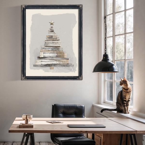 Bella Frye Neutral Sheet Music Christmas Tree – Minimalist Holiday Wall Art – Stretched Canvas or Ornate Frame, Rustic Modern Christmas Décor