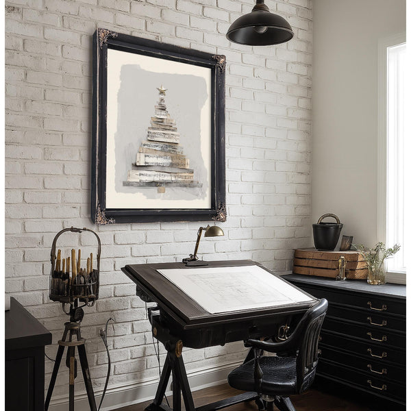 Bella Frye Neutral Sheet Music Christmas Tree – Minimalist Holiday Wall Art – Stretched Canvas or Ornate Frame, Rustic Modern Christmas Décor