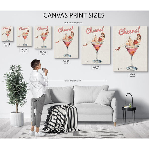 Bella Frye Retro Pin-Up “Cheers!” Martini Art – Vintage Cocktail Wall Decor – Stretched Canvas or Ornate Rose Frame, Bar & Lounge Artwork