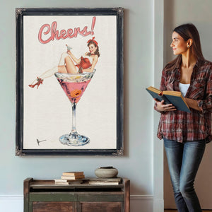 Bella Frye Retro Pin-Up “Cheers!” Martini Art – Vintage Cocktail Wall Decor – Stretched Canvas or Ornate Rose Frame, Bar & Lounge Artwork