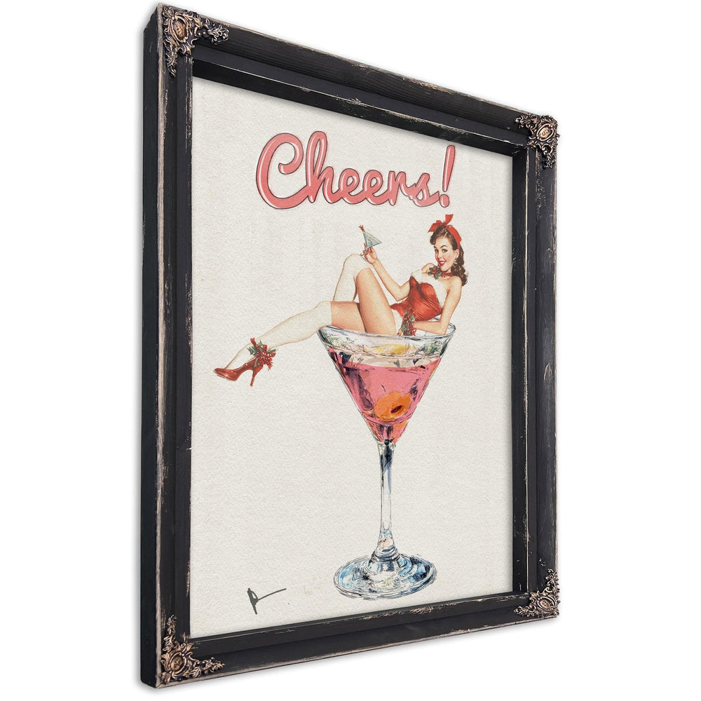Bella Frye Retro Pin-Up “Cheers!” Martini Art – Vintage Cocktail Wall Decor – Stretched Canvas or Ornate Rose Frame, Bar & Lounge Artwork