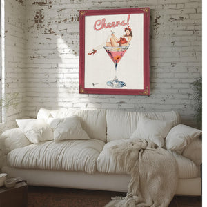 Bella Frye Retro Pin-Up “Cheers!” Martini Art – Vintage Cocktail Wall Decor – Stretched Canvas or Ornate Rose Frame, Bar & Lounge Artwork