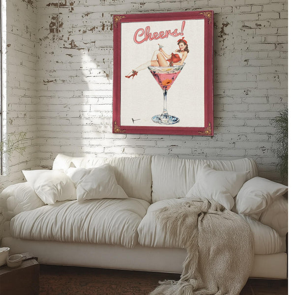 Bella Frye Retro Pin-Up “Cheers!” Martini Art – Vintage Cocktail Wall Decor – Stretched Canvas or Ornate Rose Frame, Bar & Lounge Artwork