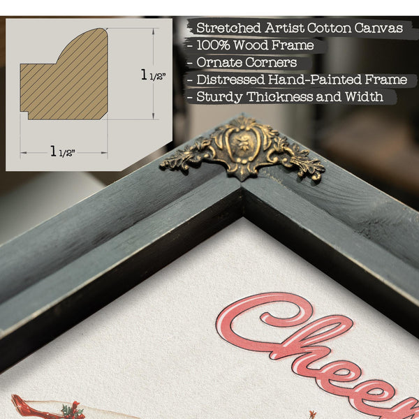 Bella Frye Retro Pin-Up “Cheers!” Martini Art – Vintage Cocktail Wall Decor – Stretched Canvas or Ornate Rose Frame, Bar & Lounge Artwork