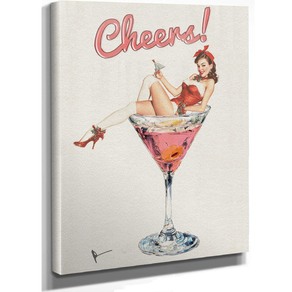 Bella Frye Retro Pin-Up “Cheers!” Martini Art – Vintage Cocktail Wall Decor – Stretched Canvas or Ornate Rose Frame, Bar & Lounge Artwork