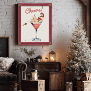 Bella Frye Retro Pin-Up “Cheers!” Martini Art – Vintage Cocktail Wall Decor – Stretched Canvas or Ornate Rose Frame, Bar & Lounge Artwork