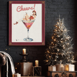 Bella Frye Retro Pin-Up “Cheers!” Martini Art – Vintage Cocktail Wall Decor – Stretched Canvas or Ornate Rose Frame, Bar & Lounge Artwork