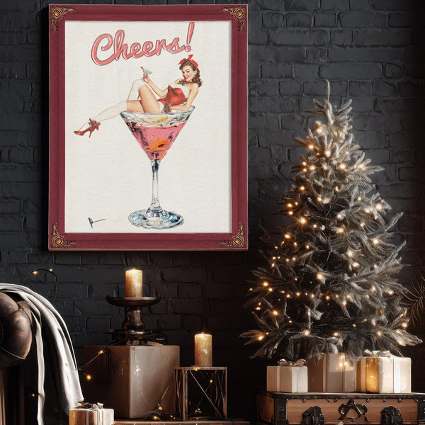 Bella Frye Retro Pin-Up “Cheers!” Martini Art – Vintage Cocktail Wall Decor – Stretched Canvas or Ornate Rose Frame, Bar & Lounge Artwork