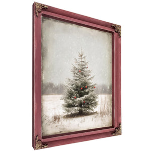 Bella Frye Lone Christmas Tree in Snow – Vintage Winter Wall Art with Red Ornaments – Stretched Canvas or Ornate Frame, Farmhouse Christmas Décor