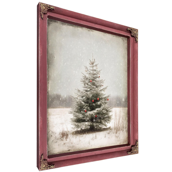 Bella Frye Lone Christmas Tree in Snow – Vintage Winter Wall Art with Red Ornaments – Stretched Canvas or Ornate Frame, Farmhouse Christmas Décor