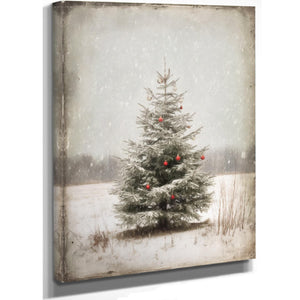 Bella Frye Lone Christmas Tree in Snow – Vintage Winter Wall Art with Red Ornaments – Stretched Canvas or Ornate Frame, Farmhouse Christmas Décor