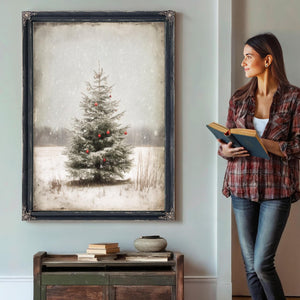 Bella Frye Lone Christmas Tree in Snow – Vintage Winter Wall Art with Red Ornaments – Stretched Canvas or Ornate Frame, Farmhouse Christmas Décor