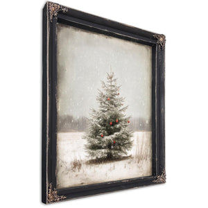 Bella Frye Lone Christmas Tree in Snow – Vintage Winter Wall Art with Red Ornaments – Stretched Canvas or Ornate Frame, Farmhouse Christmas Décor