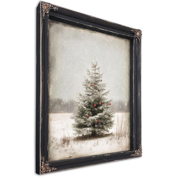 Bella Frye Lone Christmas Tree in Snow – Vintage Winter Wall Art with Red Ornaments – Stretched Canvas or Ornate Frame, Farmhouse Christmas Décor