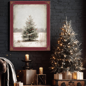 Bella Frye Lone Christmas Tree in Snow – Vintage Winter Wall Art with Red Ornaments – Stretched Canvas or Ornate Frame, Farmhouse Christmas Décor