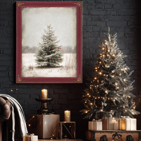 Bella Frye Lone Christmas Tree in Snow – Vintage Winter Wall Art with Red Ornaments – Stretched Canvas or Ornate Frame, Farmhouse Christmas Décor