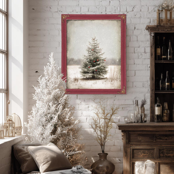 Bella Frye Lone Christmas Tree in Snow – Vintage Winter Wall Art with Red Ornaments – Stretched Canvas or Ornate Frame, Farmhouse Christmas Décor