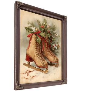 Bella Frye Vintage Ice Skates with Holly – Classic Christmas Wall Art – Stretched Canvas or Ornate Frame, Cozy Winter Holiday Décor
