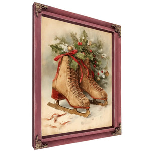 Bella Frye Vintage Ice Skates with Holly – Classic Christmas Wall Art – Stretched Canvas or Ornate Frame, Cozy Winter Holiday Décor