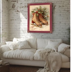 Bella Frye Vintage Ice Skates with Holly – Classic Christmas Wall Art – Stretched Canvas or Ornate Frame, Cozy Winter Holiday Décor