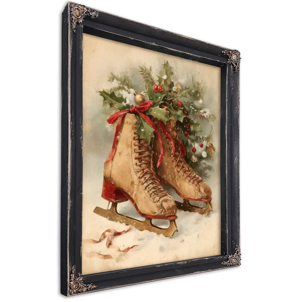 Bella Frye Vintage Ice Skates with Holly – Classic Christmas Wall Art – Stretched Canvas or Ornate Frame, Cozy Winter Holiday Décor