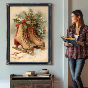 Bella Frye Vintage Ice Skates with Holly – Classic Christmas Wall Art – Stretched Canvas or Ornate Frame, Cozy Winter Holiday Décor