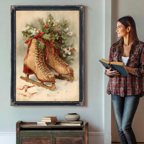 Bella Frye Vintage Ice Skates with Holly – Classic Christmas Wall Art – Stretched Canvas or Ornate Frame, Cozy Winter Holiday Décor