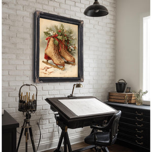 Bella Frye Vintage Ice Skates with Holly – Classic Christmas Wall Art – Stretched Canvas or Ornate Frame, Cozy Winter Holiday Décor