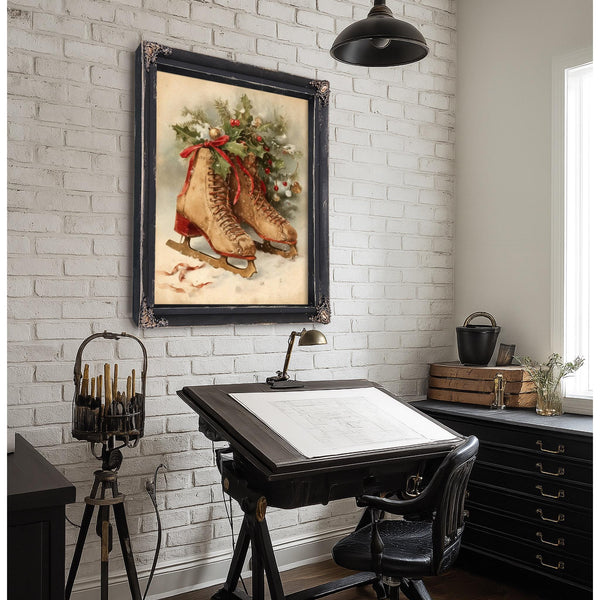 Bella Frye Vintage Ice Skates with Holly – Classic Christmas Wall Art – Stretched Canvas or Ornate Frame, Cozy Winter Holiday Décor