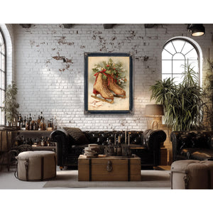 Bella Frye Vintage Ice Skates with Holly – Classic Christmas Wall Art – Stretched Canvas or Ornate Frame, Cozy Winter Holiday Décor