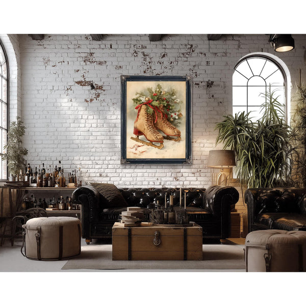 Bella Frye Vintage Ice Skates with Holly – Classic Christmas Wall Art – Stretched Canvas or Ornate Frame, Cozy Winter Holiday Décor