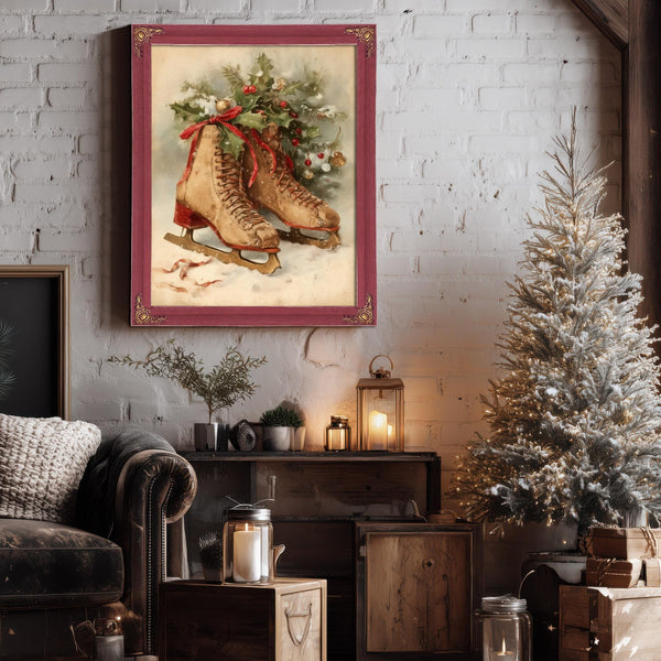 Bella Frye Vintage Ice Skates with Holly – Classic Christmas Wall Art – Stretched Canvas or Ornate Frame, Cozy Winter Holiday Décor