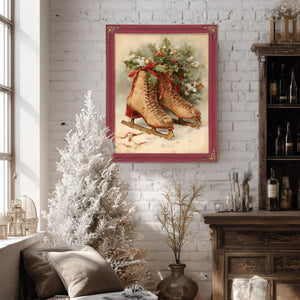 Bella Frye Vintage Ice Skates with Holly – Classic Christmas Wall Art – Stretched Canvas or Ornate Frame, Cozy Winter Holiday Décor