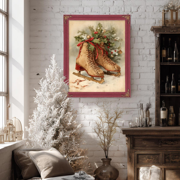 Bella Frye Vintage Ice Skates with Holly – Classic Christmas Wall Art – Stretched Canvas or Ornate Frame, Cozy Winter Holiday Décor