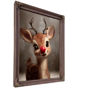 Bella Frye Rudolph Framed Wall Art – Red-Nosed Reindeer in Optional Distressed Black Ornate Frame | Vintage Christmas Decor Canvas Print