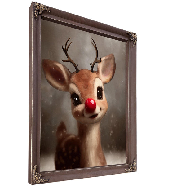 Bella Frye Rudolph Framed Wall Art – Red-Nosed Reindeer in Optional Distressed Black Ornate Frame | Vintage Christmas Decor Canvas Print