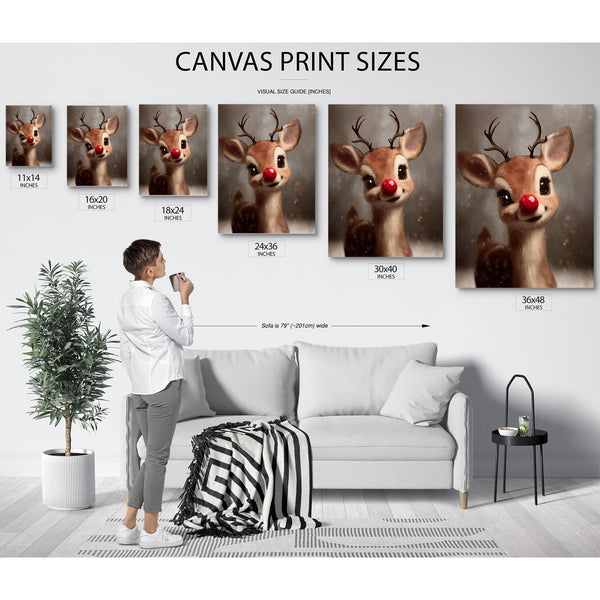 Bella Frye Rudolph Framed Wall Art – Red-Nosed Reindeer in Optional Distressed Black Ornate Frame | Vintage Christmas Decor Canvas Print