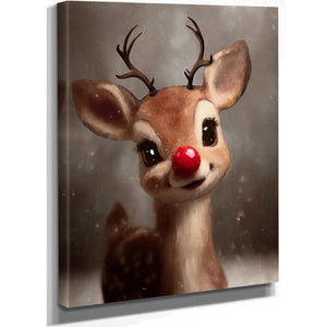 Bella Frye Rudolph Framed Wall Art – Red-Nosed Reindeer in Optional Distressed Black Ornate Frame | Vintage Christmas Decor Canvas Print