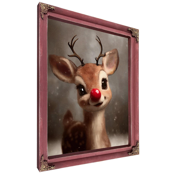 Bella Frye Rudolph Framed Wall Art – Red-Nosed Reindeer in Optional Distressed Black Ornate Frame | Vintage Christmas Decor Canvas Print