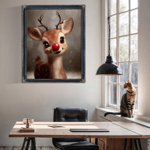 Bella Frye Rudolph Framed Wall Art – Red-Nosed Reindeer in Optional Distressed Black Ornate Frame | Vintage Christmas Decor Canvas Print