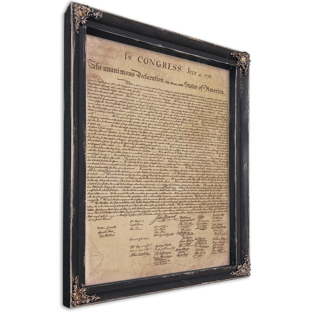 The image is a framed document titled "The unanimous Declaration of the thirteen united States of America" dated July 4, 1776.