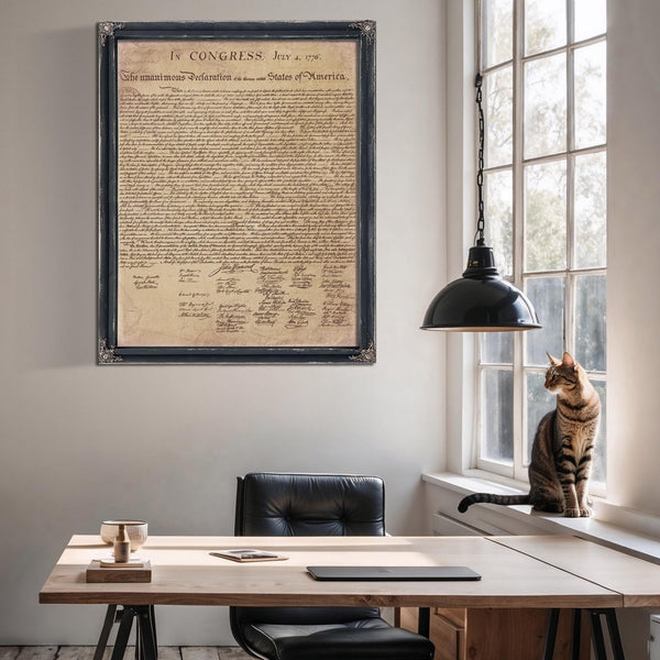 a framed document titled "IN CONGRESS, July 4, 1776" hanging on a wall above a wooden desk with a cat sitting on the windowsill.