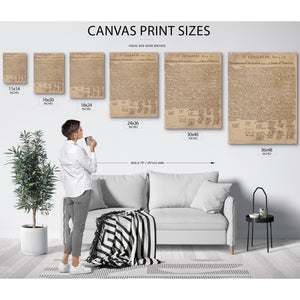 a person standing in front of a wall with five canvas prints of the same document, likely the U.S. Constitution, displayed in various sizes.