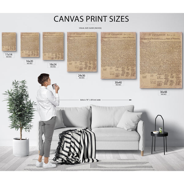 a person standing in front of a wall with five canvas prints of the same document, likely the U.S. Constitution, displayed in various sizes.